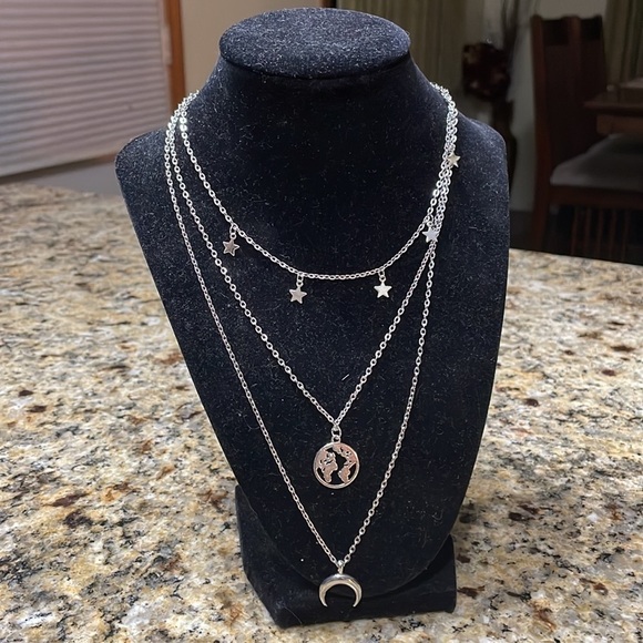 Silver Crescent Moon Layered Necklace - Picture 7 of 11